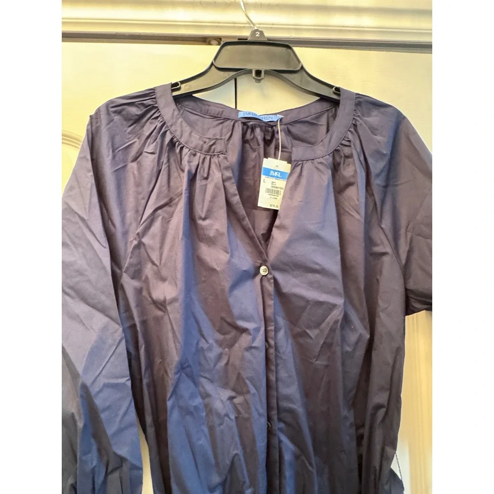 JMCL Charlotte Navy Blue Midi Shirtdress 3/4 Sleeve Button Front Belted Size L